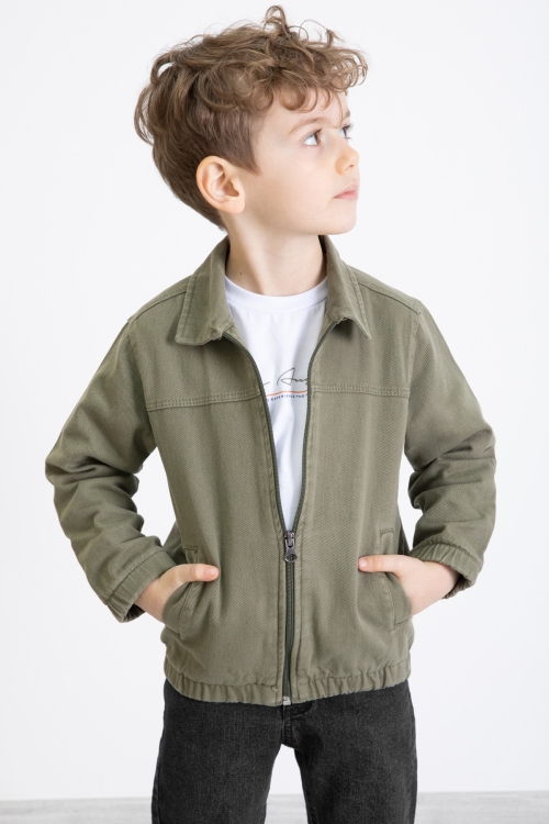 Haki Fermuarlı Jean Ceketli ve Pantolonlu Erkek Çocuk 3lü Takım 20355