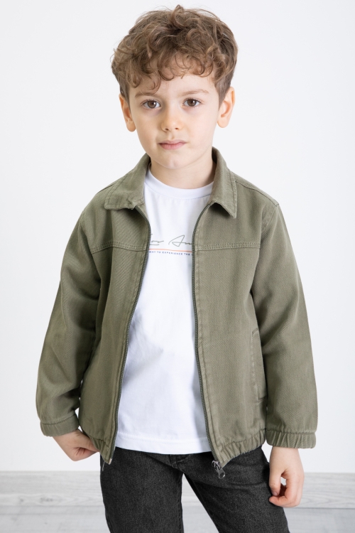 Haki Fermuarlı Jean Ceketli ve Pantolonlu Erkek Çocuk 3lü Takım 20355