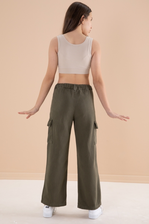 Haki Geniş Paça Beli Bağcıklı Kız Çocuk Kargo Cepli Jean Pantolon 20134