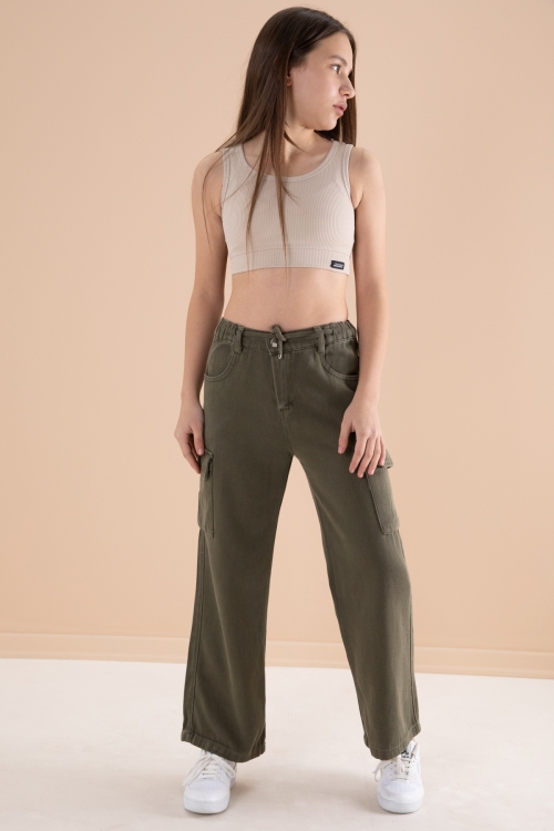 Haki Geniş Paça Beli Bağcıklı Kız Çocuk Kargo Cepli Jean Pantolon 20134