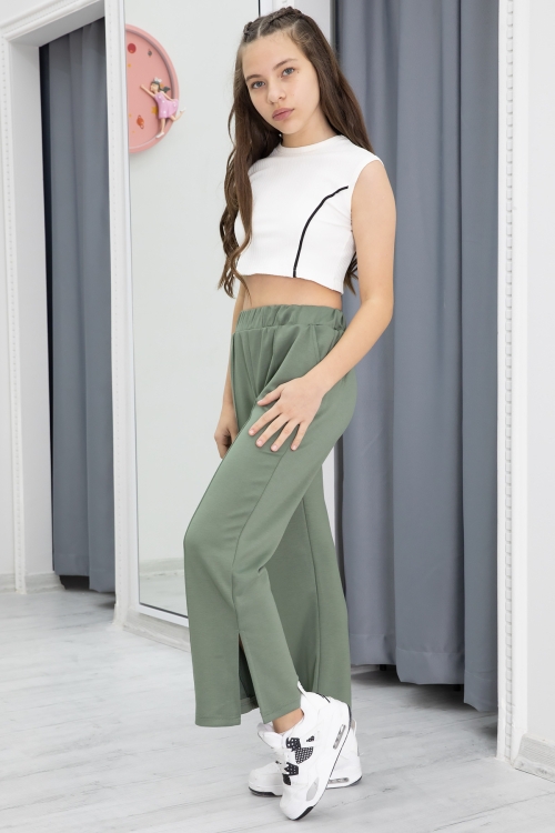 Haki Geniş Paça Yırtmaçlı Kız Çocuk Pantolon 20288