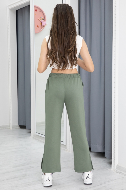 Haki Geniş Paça Yırtmaçlı Kız Çocuk Pantolon 20288