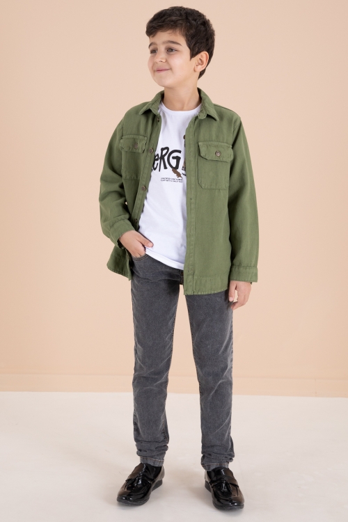 Haki Göğüs Cepli Gömlekli Jean Pantolonlu Erkek Çocuk 3lü Takım 19967