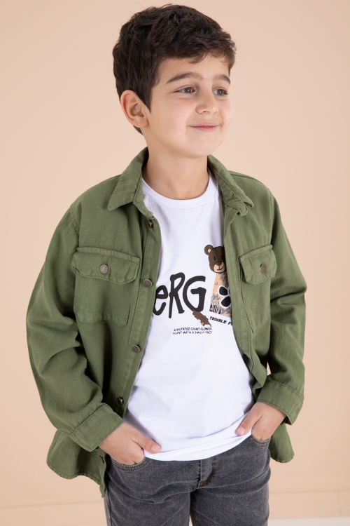 Haki Göğüs Cepli Gömlekli Jean Pantolonlu Erkek Çocuk 3lü Takım 19967