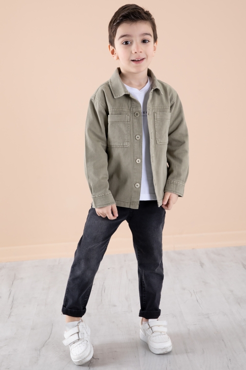 Haki Jean Ceket Yazı Baskılı Erkek Çocuk Pantolonlu 3lü Takım 20314