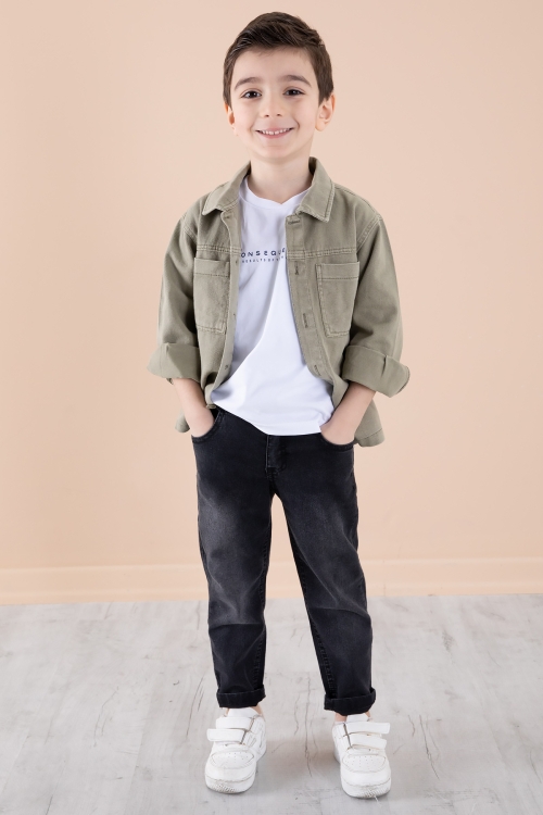 Haki Jean Ceket Yazı Baskılı Erkek Çocuk Pantolonlu 3lü Takım 20314
