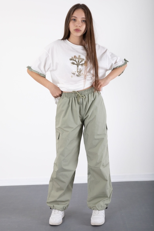 Haki Kız Çocuk Tişört ve Kargo Cepli Pantolonlu 2li Takım 20395