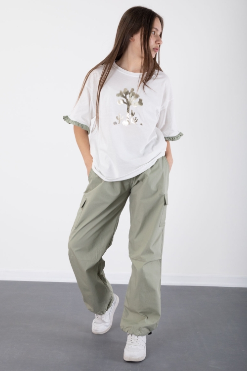 Haki Kız Çocuk Tişört ve Kargo Cepli Pantolonlu 2li Takım 20395