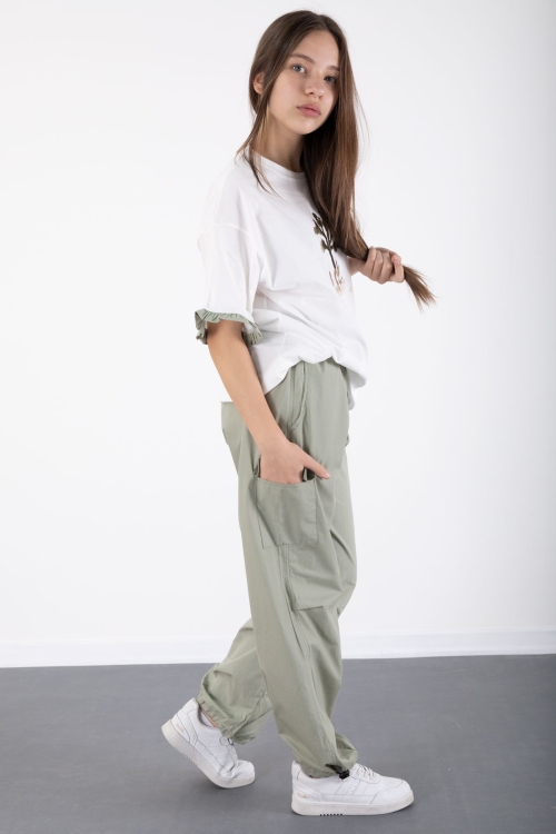 Haki Kız Çocuk Tişört ve Kargo Cepli Pantolonlu 2li Takım 20395