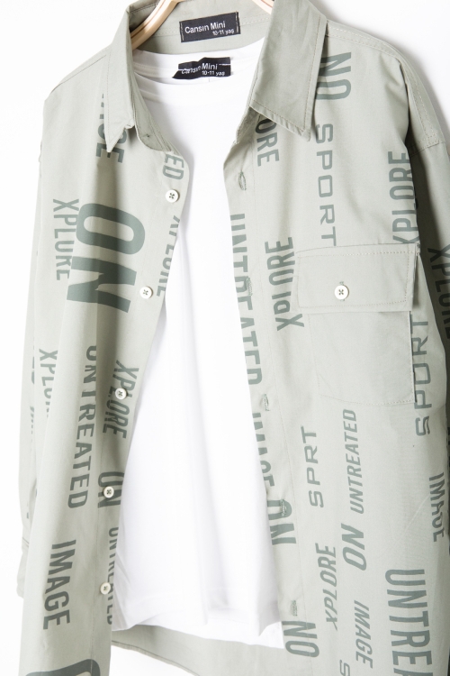 Haki Yazı Baskılı Gömlek Beyaz Tişörtlü Erkek Çocuk 2li Takım 20138