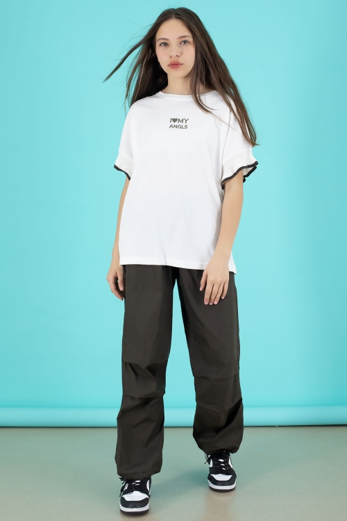 Haki Yazılı Oversize Tişörtlü Paraşüt Pantolonlu Kız Çocuk Takım 20296