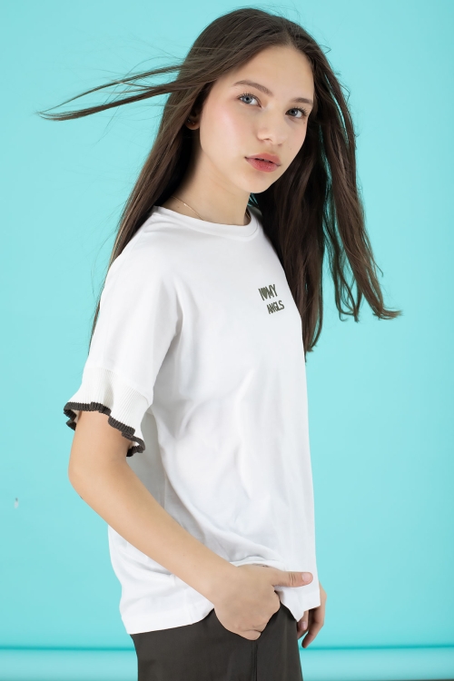 Haki Yazılı Oversize Tişörtlü Paraşüt Pantolonlu Kız Çocuk Takım 20296