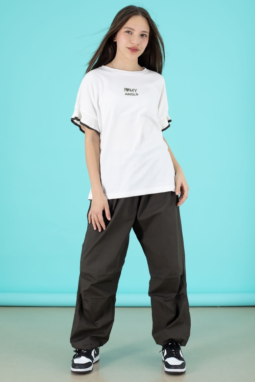 Haki Yazılı Oversize Tişörtlü Paraşüt Pantolonlu Kız Çocuk Takım 20296