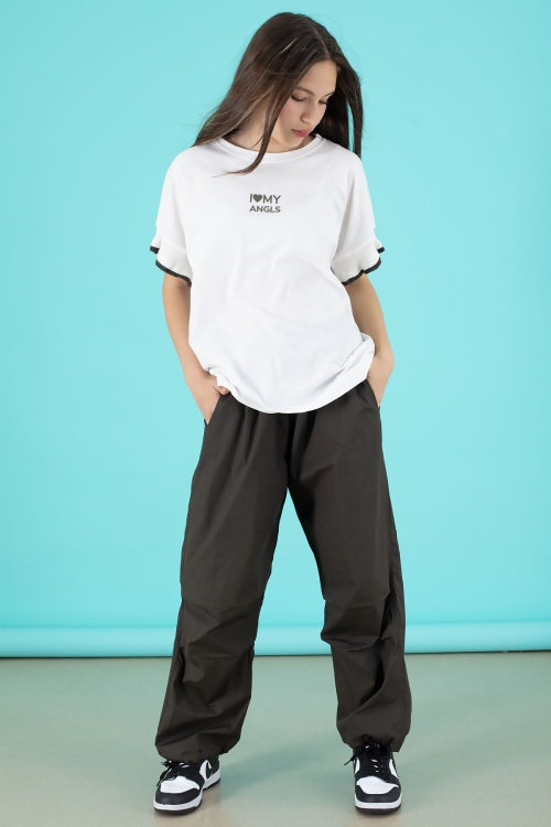 Haki Yazılı Oversize Tişörtlü Paraşüt Pantolonlu Kız Çocuk Takım 20296