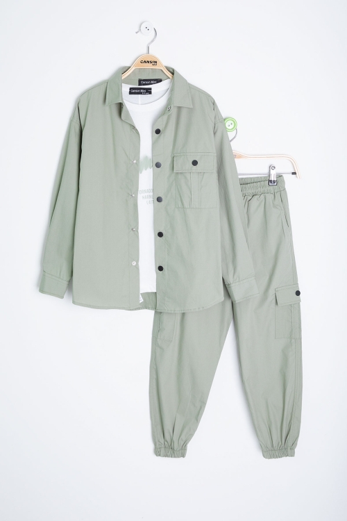 Haki Yazılı Tişörtlü Paraşüt Gömlekli Erkek Çocuk 3lü Alt Üst Takım 20541