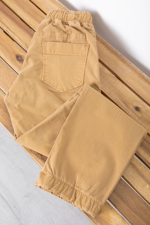 Hardal Cebi Dokuma Detaylı Beli Lastikli Erkek Çocuk Keten Pantolon 20416