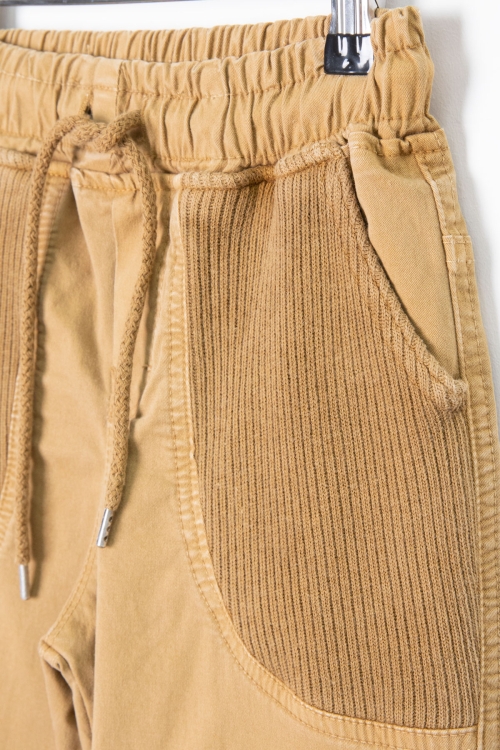 Hardal Cebi Dokuma Detaylı Beli Lastikli Erkek Çocuk Keten Pantolon 20416