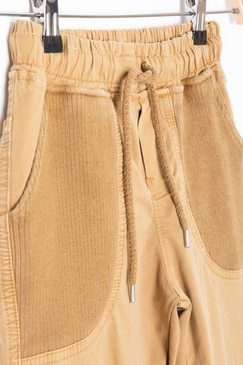 Hardal Cebi Dokuma Detaylı Beli Lastikli Erkek Çocuk Keten Pantolon 20416