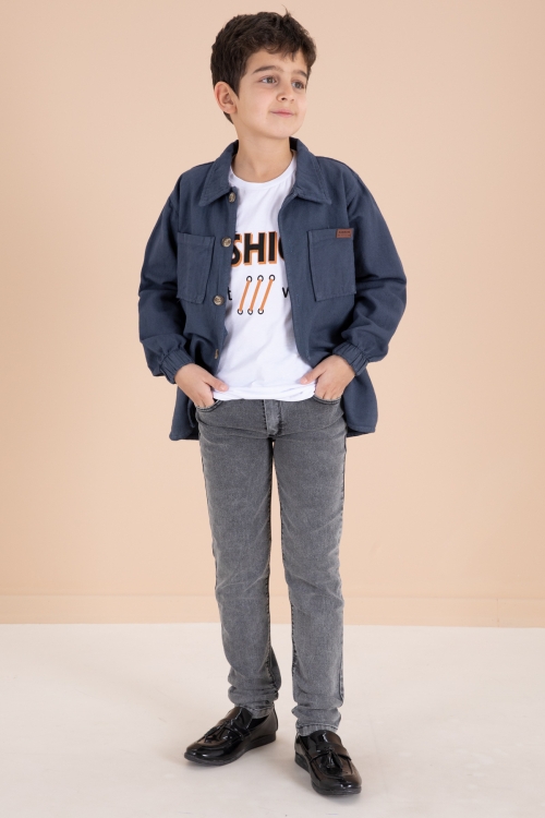 İndigo Düğmeli Gömlekli Jean Pantolonlu Erkek Çocuk 3lü Takım 19971