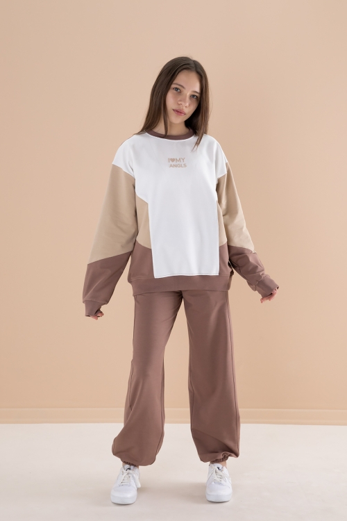 Kahve Angels Yazılı Bisiklet Yaka Kız Çocuk Eşofman Takımı 19975