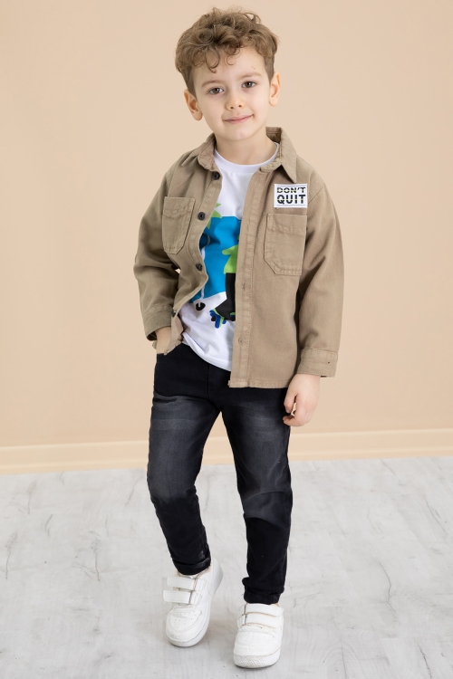 Kahve Armalı Jean Gömlekli Pantolonlu Erkek Çocuk 3lü Takım 20025