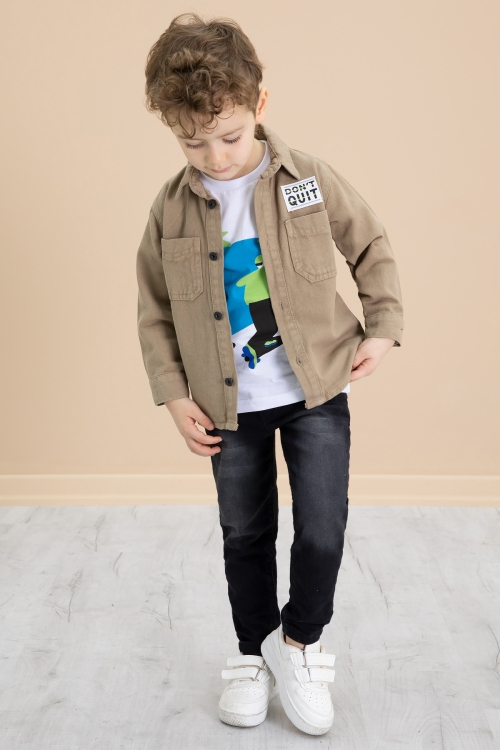 Kahve Armalı Jean Gömlekli Pantolonlu Erkek Çocuk 3lü Takım 20025