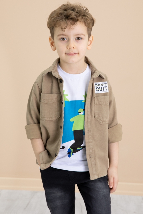 Kahve Armalı Jean Gömlekli Pantolonlu Erkek Çocuk 3lü Takım 20025