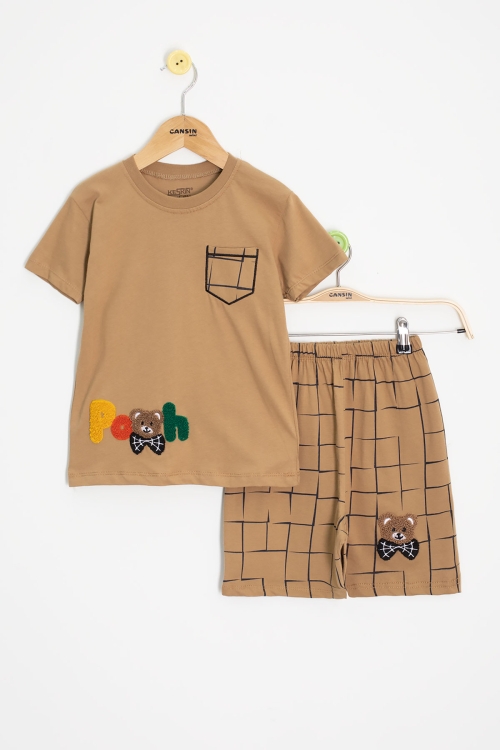 Kahve Ayıcık Nakışlı Kısa Kol Tişörtlü Erkek Çocuk Şortlu Takım 20581