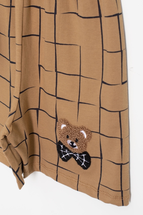 Kahve Ayıcık Nakışlı Kısa Kol Tişörtlü Erkek Çocuk Şortlu Takım 20581