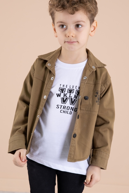 Kahve Bisiklet Yaka Tişörtlü Keten Erkek Çocuk Gömlek 20075