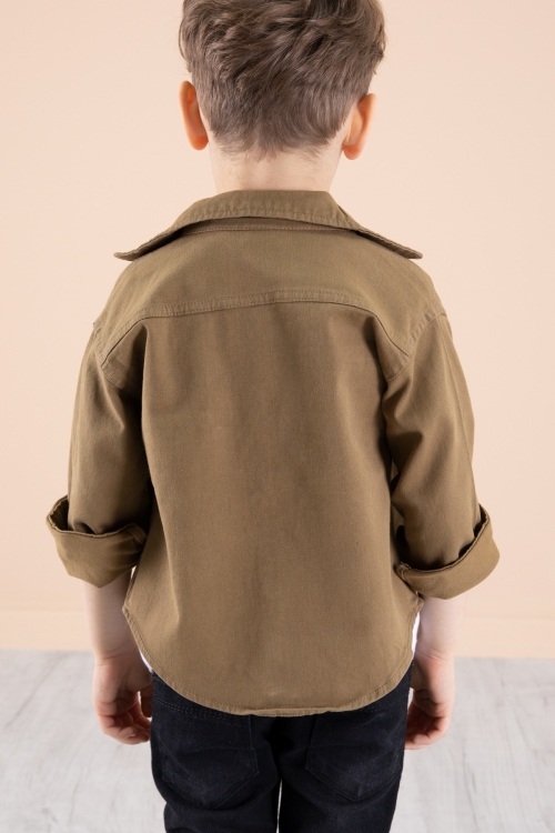 Kahve Bisiklet Yaka Tişörtlü Keten Erkek Çocuk Gömlek 20075