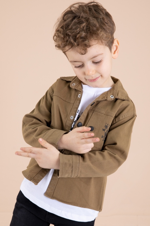 Kahve Bisiklet Yaka Tişörtlü Keten Erkek Çocuk Gömlek 20075