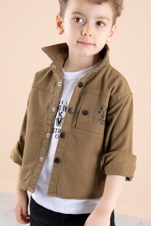 Kahve Bisiklet Yaka Tişörtlü Keten Erkek Çocuk Gömlek 20075