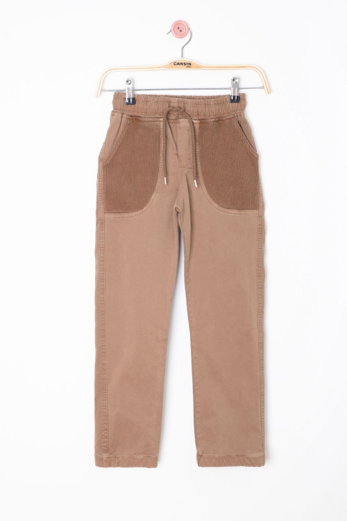 Kahve Cebi Dokuma Detaylı Beli Lastikli Erkek Çocuk Keten Pantolon 20415