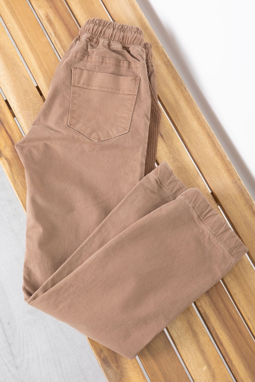 Kahve Cebi Dokuma Detaylı Beli Lastikli Erkek Çocuk Keten Pantolon 20415