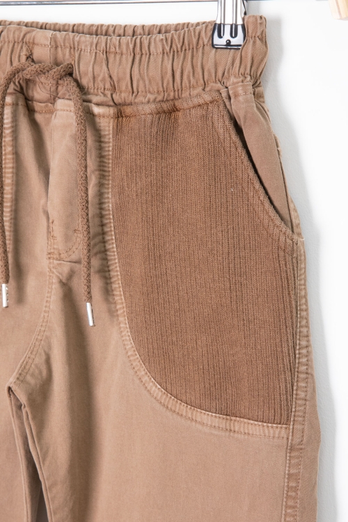 Kahve Cebi Dokuma Detaylı Beli Lastikli Erkek Çocuk Keten Pantolon 20415