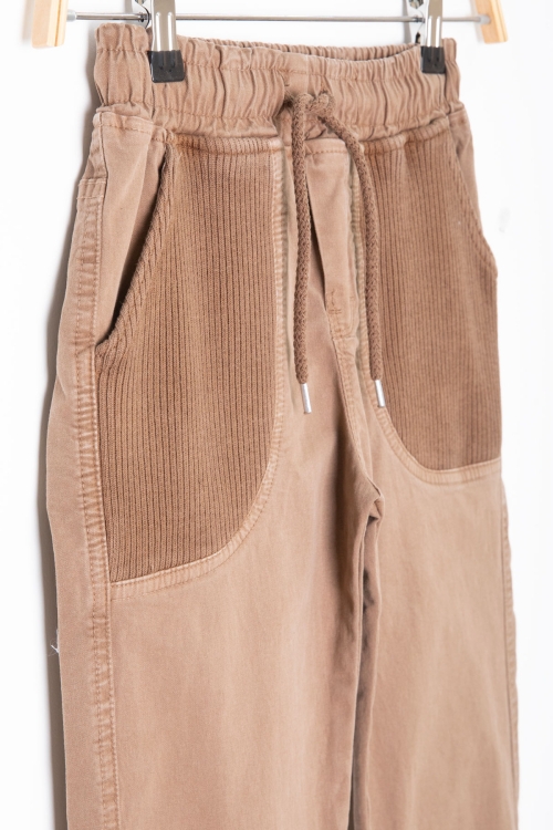 Kahve Cebi Dokuma Detaylı Beli Lastikli Erkek Çocuk Keten Pantolon 20415