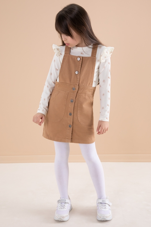 Kahve Çiçek Desenli Badili 2li Kız Çocuk Salopet Takım 20181