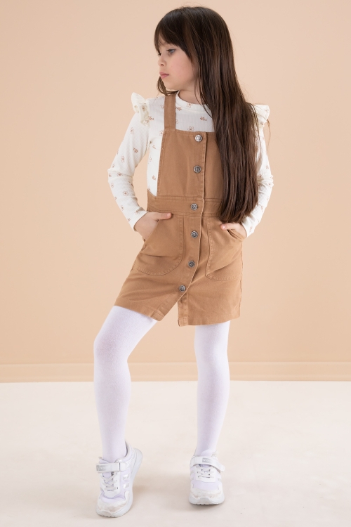 Kahve Çiçek Desenli Badili 2li Kız Çocuk Salopet Takım 20181