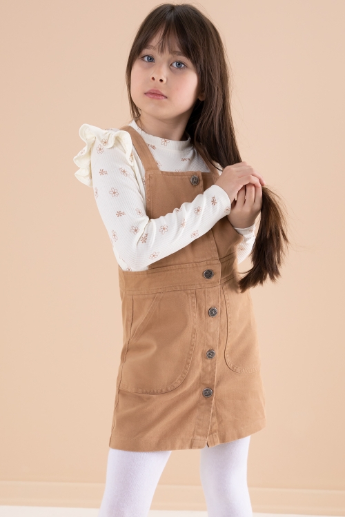 Kahve Çiçek Desenli Badili 2li Kız Çocuk Salopet Takım 20181