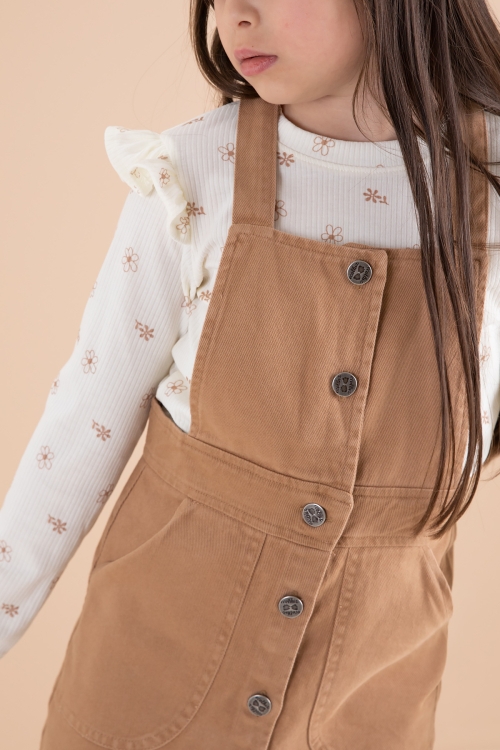 Kahve Çiçek Desenli Badili 2li Kız Çocuk Salopet Takım 20181