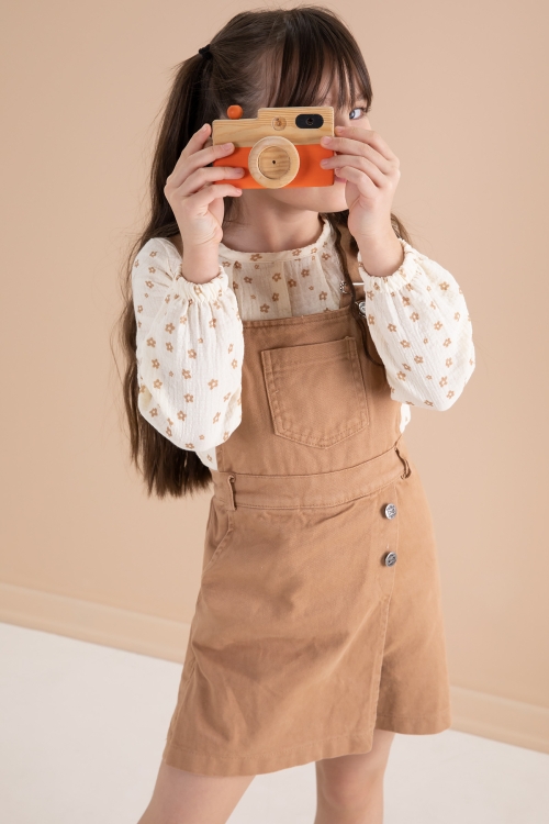 Kahve Çiçek Desenli Bluzlu Kız Çocuk Salopet Elbise Takımı 20162