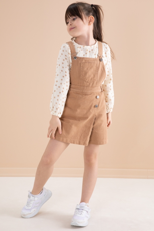 Kahve Çiçek Desenli Bluzlu Kız Çocuk Salopet Elbise Takımı 20162