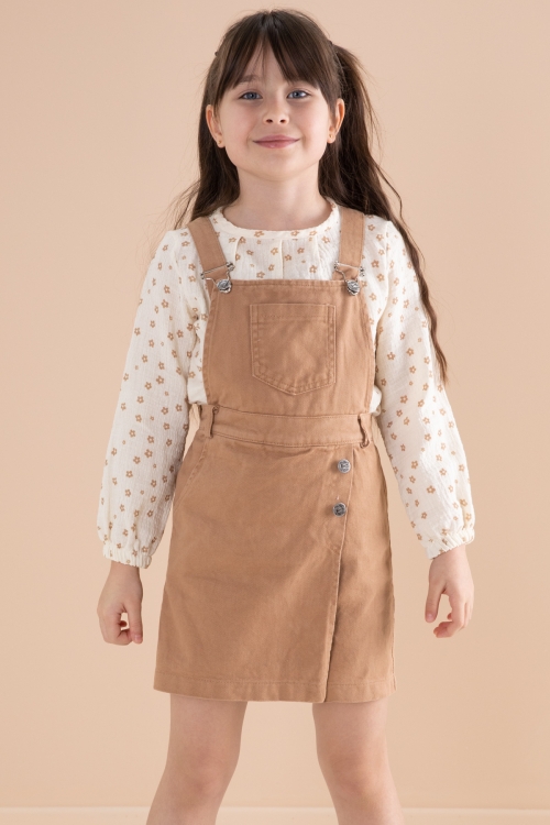 Kahve Çiçek Desenli Bluzlu Kız Çocuk Salopet Elbise Takımı 20162