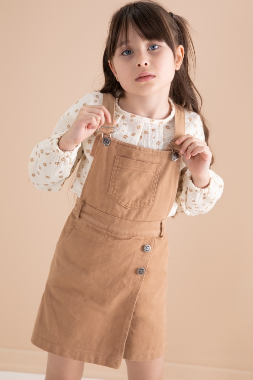 Kahve Çiçek Desenli Bluzlu Kız Çocuk Salopet Elbise Takımı 20162