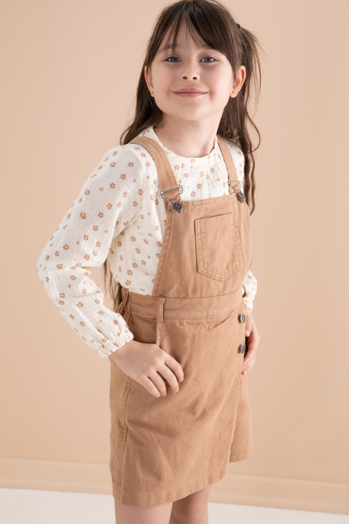 Kahve Çiçek Desenli Bluzlu Kız Çocuk Salopet Elbise Takımı 20162