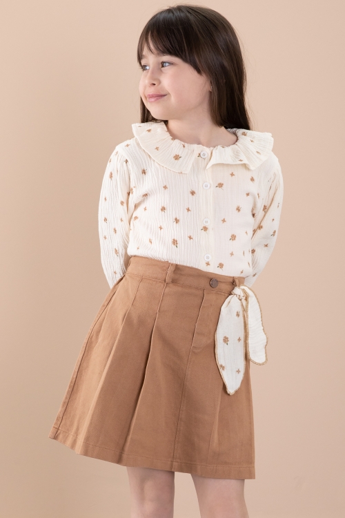 Kahve Çiçek Desenli Müslin Badili Jean Etekli Kız Çocuk Takım 20424