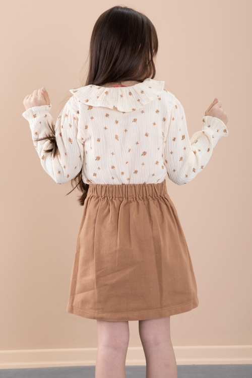 Kahve Çiçek Desenli Müslin Badili Jean Etekli Kız Çocuk Takım 20424