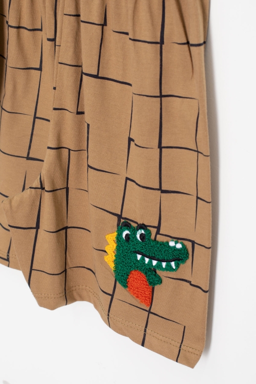 Kahve Dino Cep Nakışlı Kısa Kol Tişörtlü Erkek Çocuk Şortlu Takım 20574