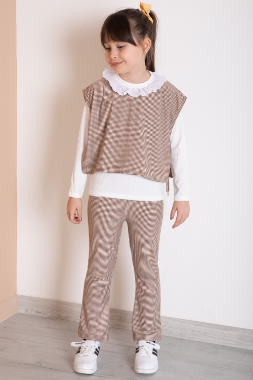 Kahve Ekose Desenli Süveterli Pantolonlu Kız Çocuk Badili 3lü Takım 20372